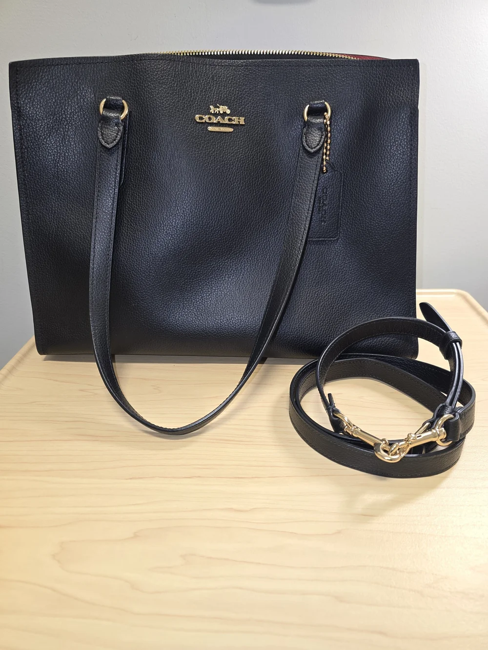 COACH C4078 Tatum Carryall Two Way Tote Shoulder Bag Black Red Leather EUC